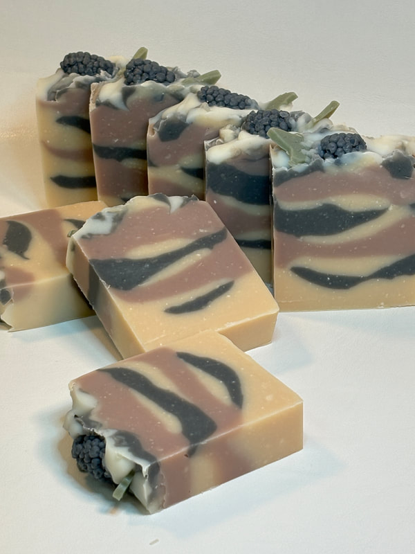 Blackberry Wit beer soap - striped artisan bar topped with soap blackberries