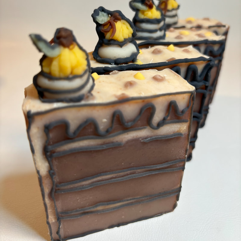 Pumpkin Spice Cake soap - layered autumn artisan bar with piped soap pumpkins